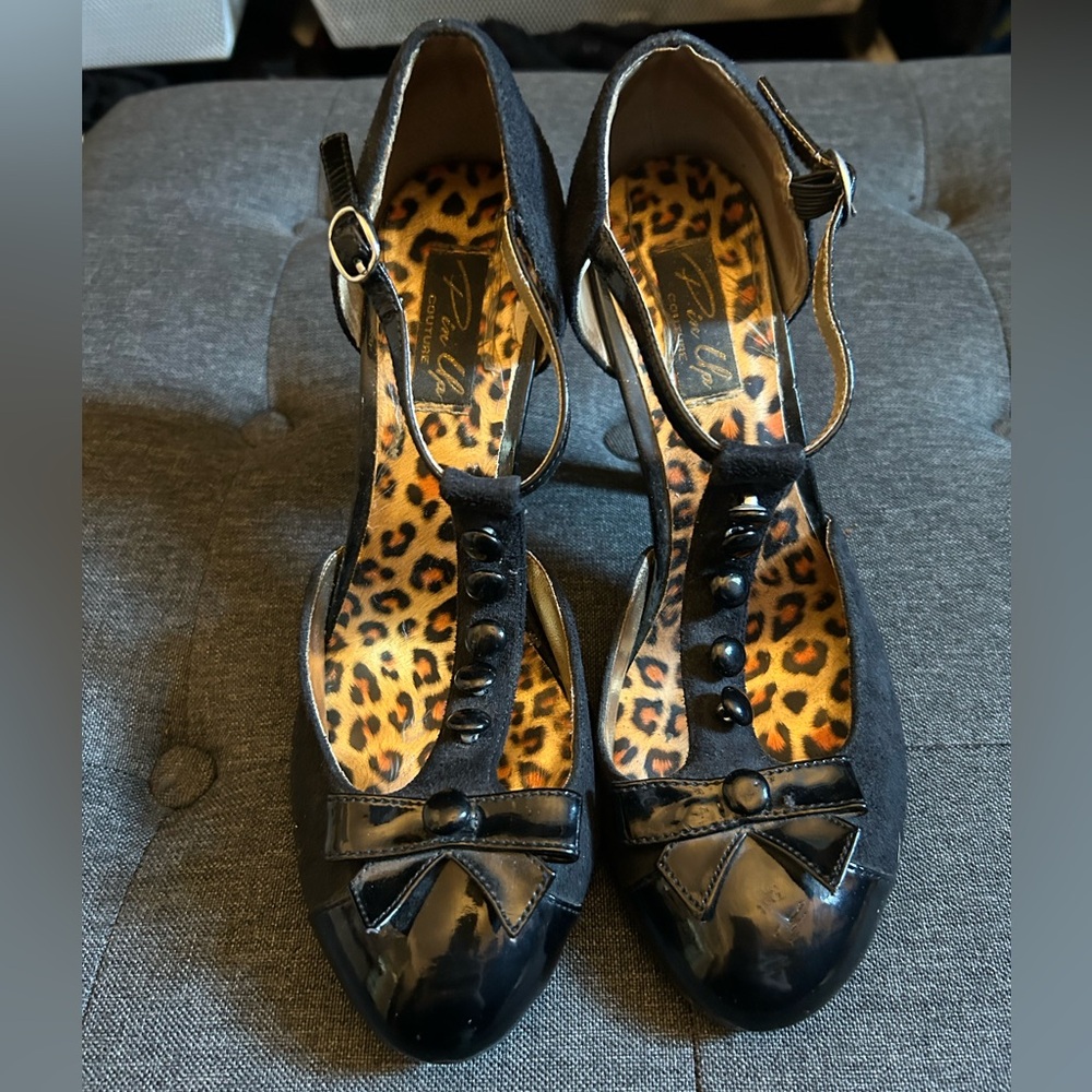 Pleaser Pin Up T-strap Black Heels with buttons and bows